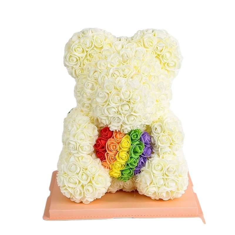 Rainbow Foam Flower Rose Teddy Bear With box 40CM 25CM mini Foam Soap Flower Styrofoam Bears Boxes Gift