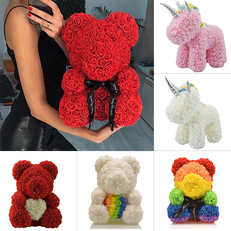 Rainbow Foam Flower Rose Teddy Bear With box 40CM 25CM mini Foam Soap Flower Styrofoam Bears Boxes Gift