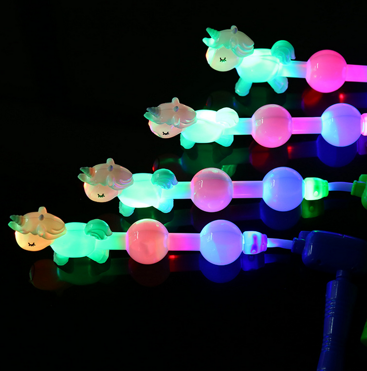 2023 LED toys flashing unicorn glow rotating stick with music wand spinning ratchet ball for kids