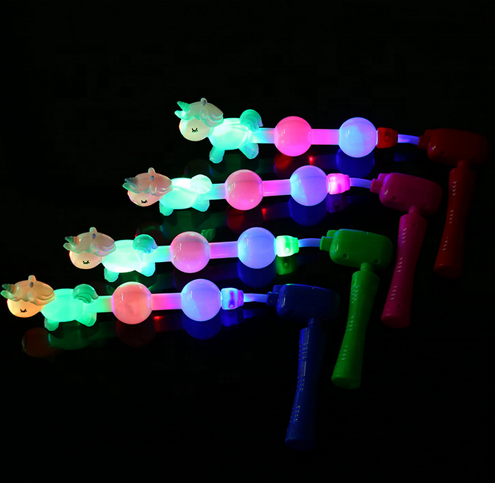 2023 LED toys flashing unicorn glow rotating stick with music wand spinning ratchet ball for kids