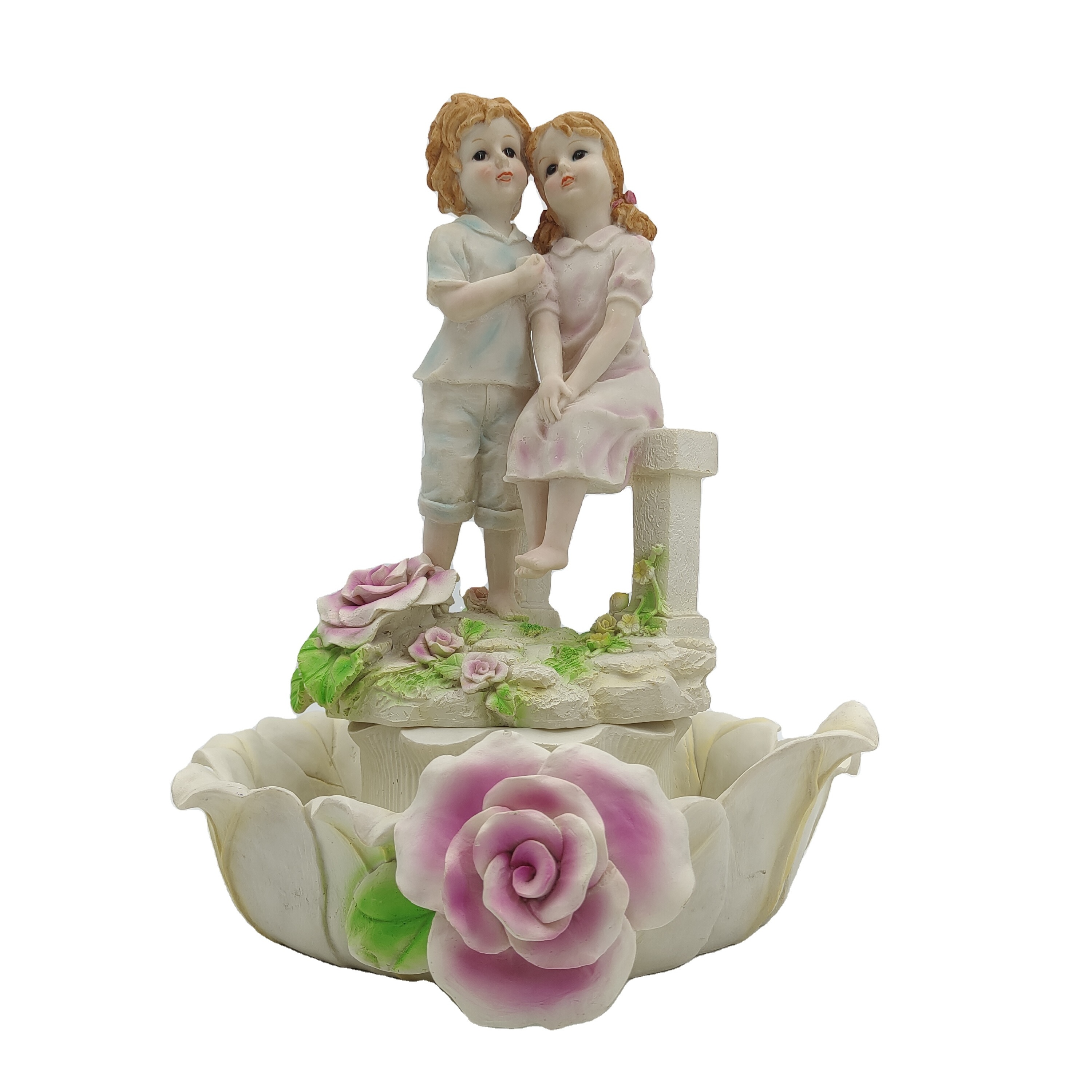 Indoor Polyresin Water Fountain Floor Water Fountain People Statue Home Decoration Europe Garden Couple with Flower Folk Art