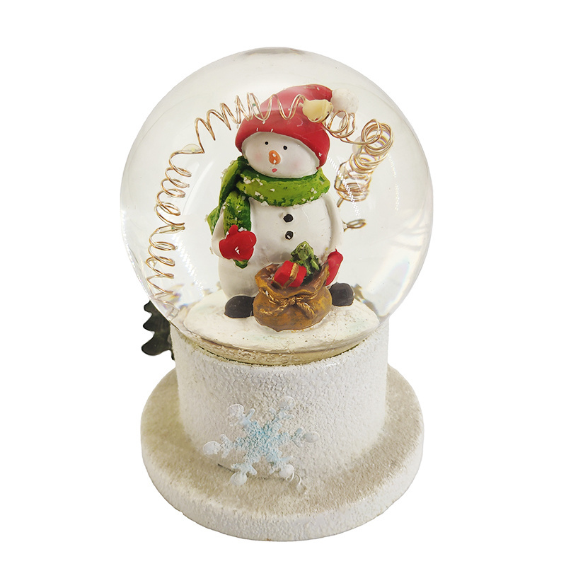 100MM Resin Craft Snow Globe Cute Cottage-Style Snowman with Glitter Glass Water Ball and LED Lights for Home Decor Souvenir