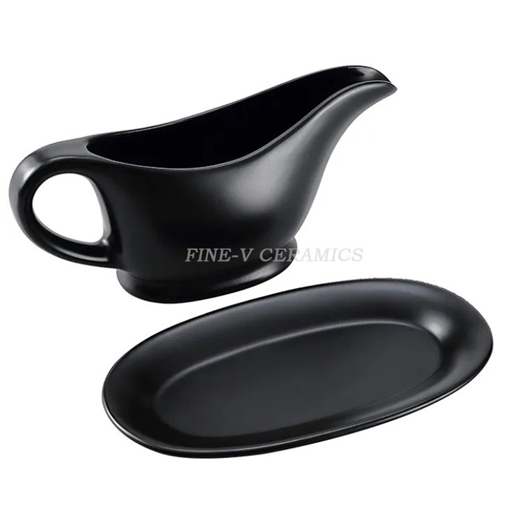 Serving Dish Dispenser For Sauces Dressing and creamer With Saucer For Thanksgiving 11 Oz Ceramic black gravy boat With Tray