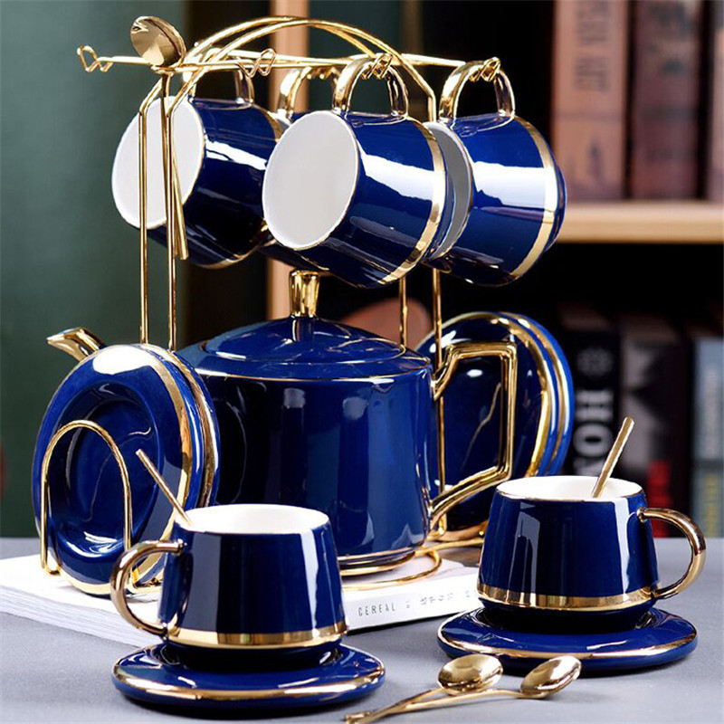 nordic style European ceramic coffee cup and saucer sets with gold rim holder for domestic water appliance porcelain tea pot