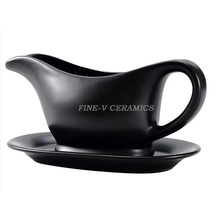 Serving Dish Dispenser For Sauces Dressing and creamer With Saucer For Thanksgiving 11 Oz Ceramic black gravy boat With Tray