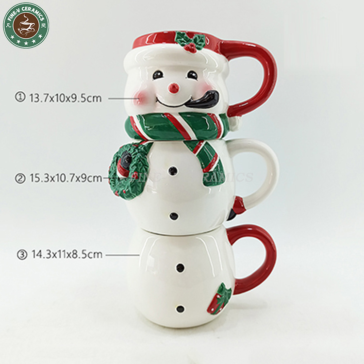 custom Hand-Painting Christmas mugs Nutcracker Snowman and Santa three overlapping cups Ceramic Stackable Coffee mugs