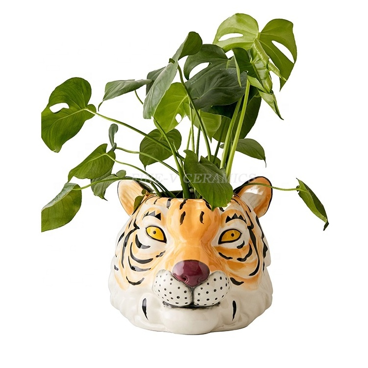 new Factory Custom  tiger head shaped flower pots porcelain planter ceramic animal flower pot