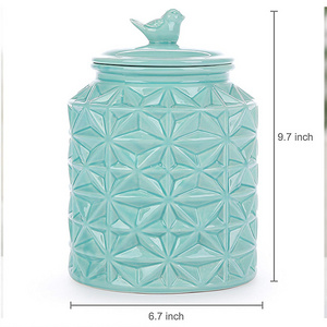 customized logo nordic style porcelain round Turquoise Vintage Ceramic Kitchen Flour Canister Cookie Jar with Bird Topped Lid