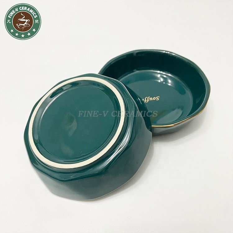 custom Tableware side Dish Porcelain Dessert Cake Christmas green Octagon Ceramic Round Plate with gold rim line