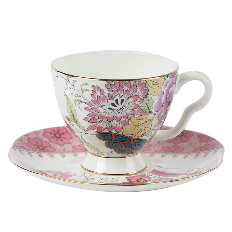 European ceramic English afternoon black teapot flower pastoral retro bone China coffee cup saucer set with gold rim