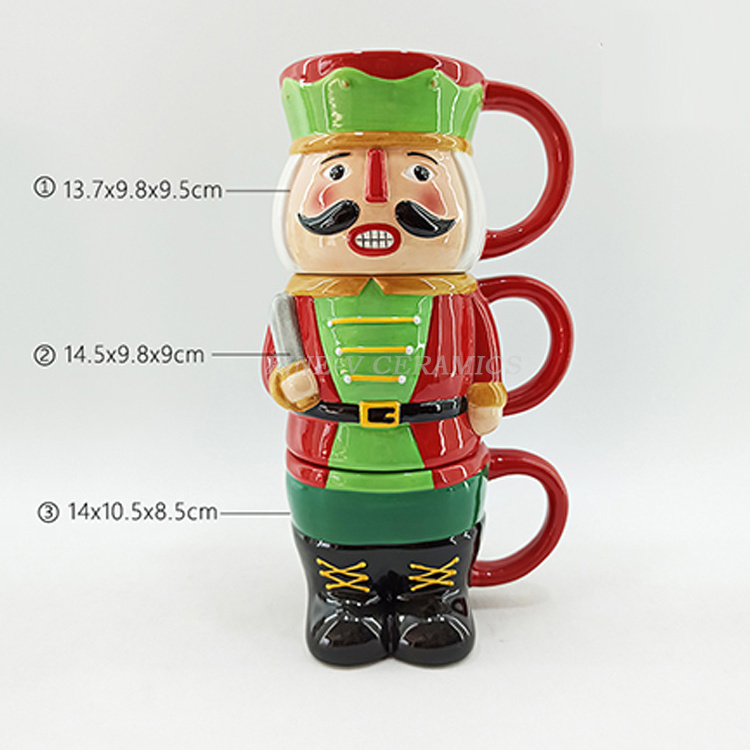 custom Hand-Painting Christmas mugs Nutcracker Snowman and Santa three overlapping cups Ceramic Stackable Coffee mugs