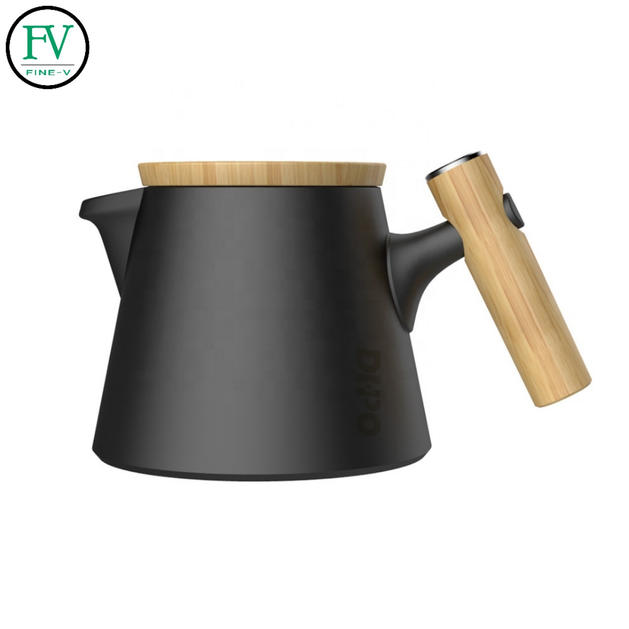 trapezoid matte black ceramic brewing teapot with infuser bamboo handle for loose leaf tea teapot with wood lid