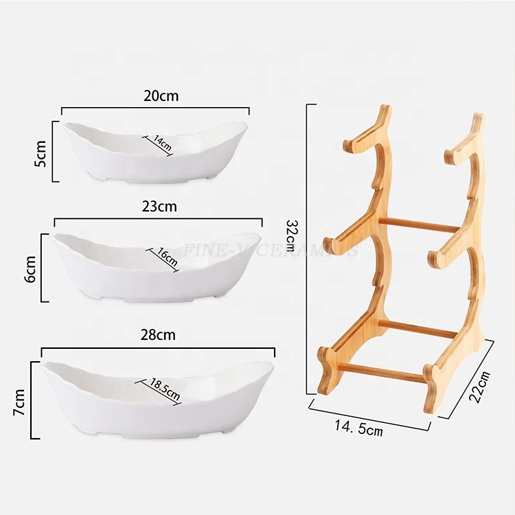 3 Tier Oval Bowl Set with Natural Bamboo Rack Tiered Ceramic Serving Tray Set for Fruit Dessert Appetizer Cake Candy Chip Dip