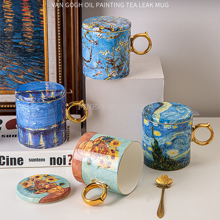 Van Gogh Starry Sky bone China large capacity filter tea glass mug with lid Office ceramic tea cup as gift