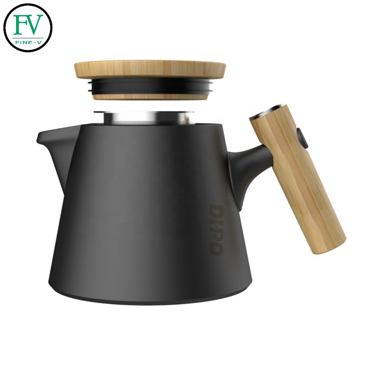 trapezoid matte black ceramic brewing teapot with infuser bamboo handle for loose leaf tea teapot with wood lid