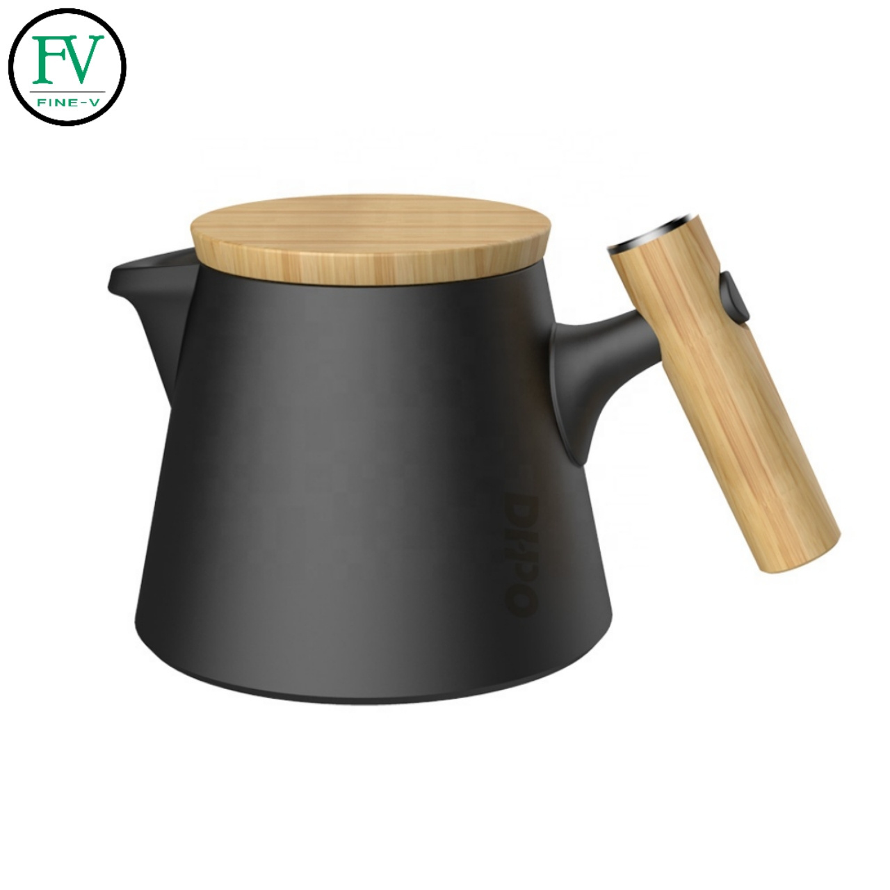 trapezoid matte black ceramic brewing teapot with infuser bamboo handle for loose leaf tea teapot with wood lid