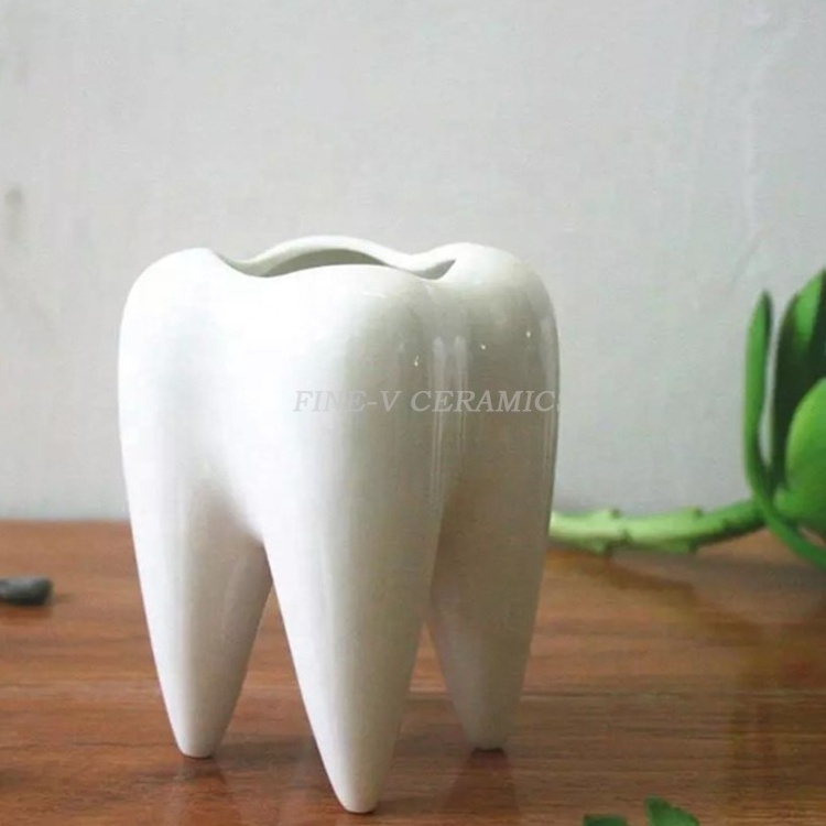 Creative Tooth Shaped Pen Pencil Holder Toothbrush Holder Ceramic White Bonsai Pot Succulent Plant Pot Dentist Gift