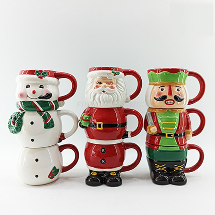 custom Hand-Painting Christmas mugs Nutcracker Snowman and Santa three overlapping cups Ceramic Stackable Coffee mugs