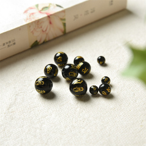 Natural Gemstone Beads for Bracelet Six Words Round Buddhist Tibetan Gold Words Carved Black Agate for Necklace Jewelry Making