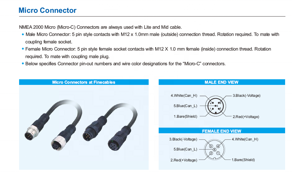 Finecables Marine Waterproof NMEA 2000 Network M12 Cable 5pin T Connectors