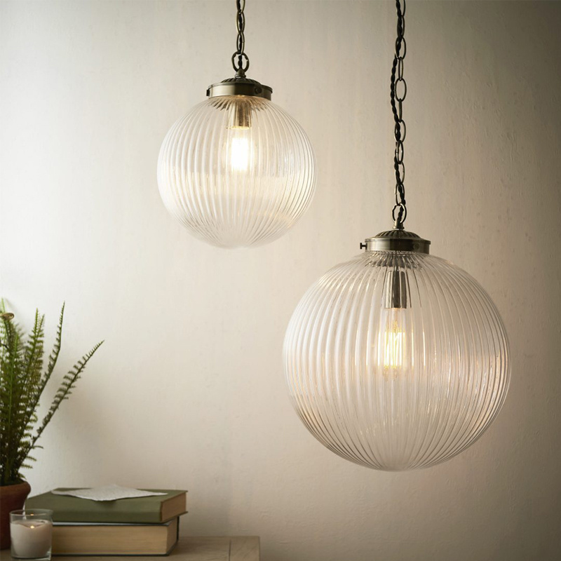 200mm Mouth Blown Transparent Ribbed Glass Globe Ball Pendant Shade Lighting Chandelier