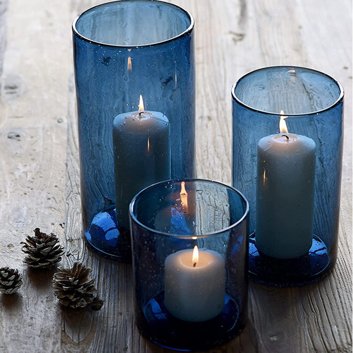 Hand Blown Blue Cylinder Glass Candle Holders for Pillar Table Decoration Centerpiece Floral Vases with Seeded