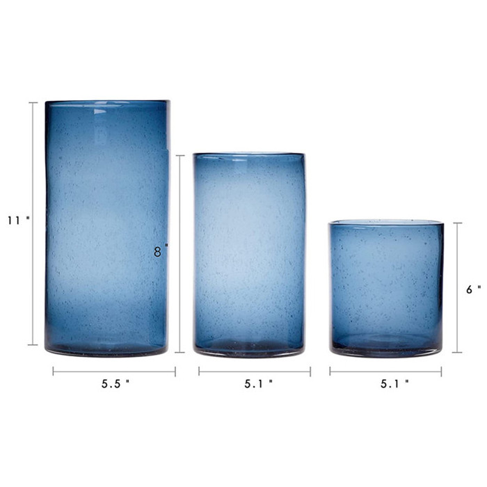 Hand Blown Blue Cylinder Glass Candle Holders for Pillar Table Decoration Centerpiece Floral Vases with Seeded