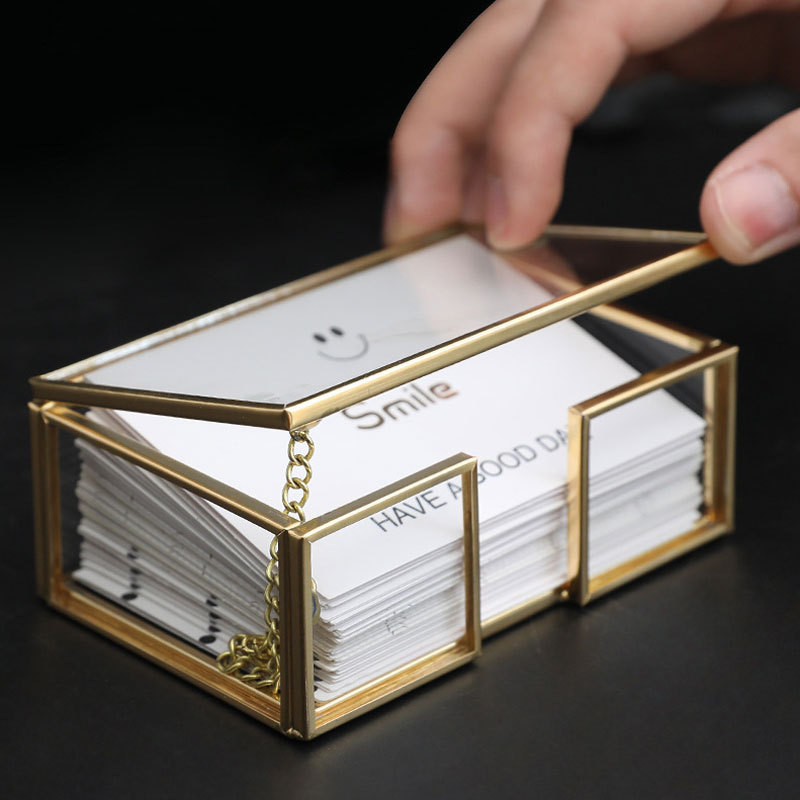 Glass Business Card Holder Stand Name Cards Display Storage Holder Gold Metal Business Cards Organizer for Office Desktop