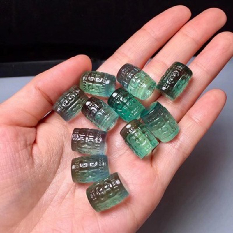 DIY Carved Natural Fluorite Beads Column gemstone bulk jewelry making bead green 1505723