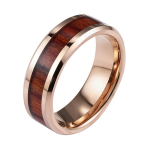 14k Rose Gold Tungsten Band Hawaiian Red Koa Wood Inlay Tungsten Wood Ring For Mens Women Jewelry