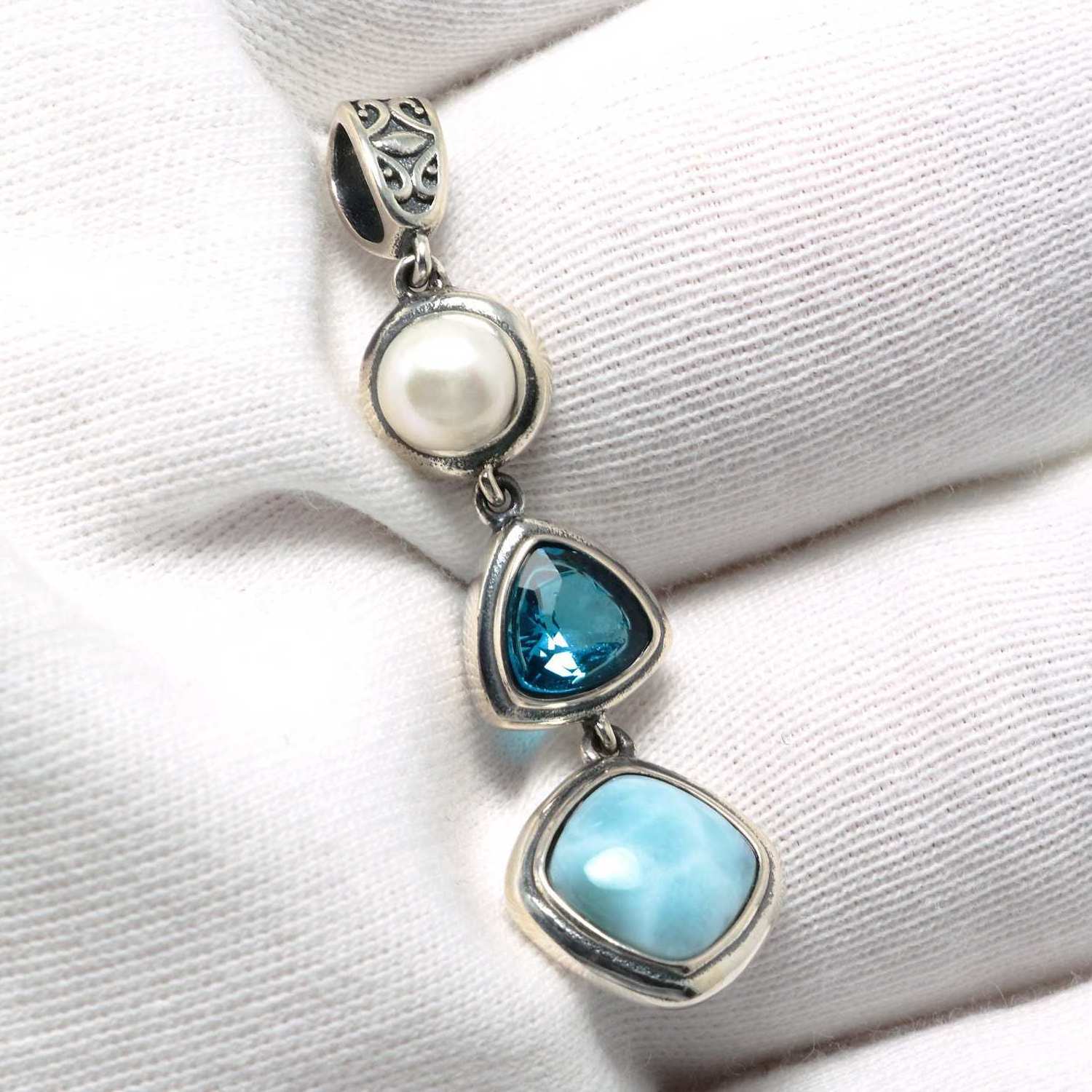 Antique Natural Larimar Pendant Necklace Sterling Silver Gemstone Pearl With Blue Topaz Blue Larimar Stone Drop Pendant