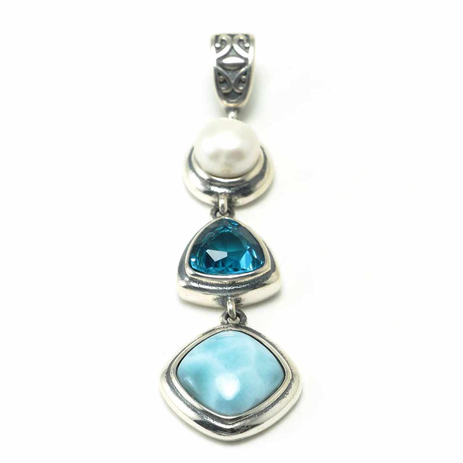 Antique Natural Larimar Pendant Necklace Sterling Silver Gemstone Pearl With Blue Topaz Blue Larimar Stone Drop Pendant