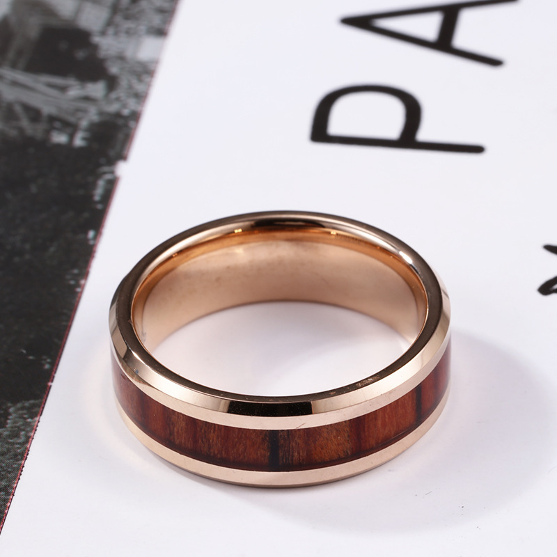 14k Rose Gold Tungsten Band Hawaiian Red Koa Wood Inlay Tungsten Wood Ring For Mens Women Jewelry