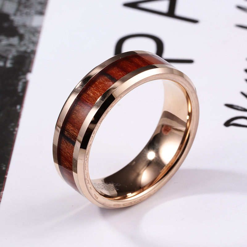 14k Rose Gold Tungsten Band Hawaiian Red Koa Wood Inlay Tungsten Wood Ring For Mens Women Jewelry