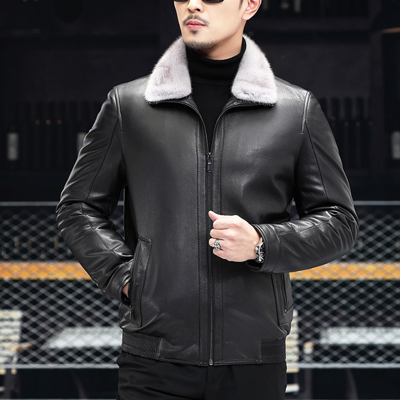 Fur Neck PU Leather Jacket For Men High Quality Regular Fit Motorcycle Jacket With Zip Pocket