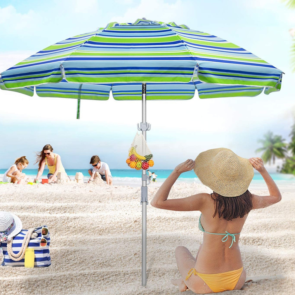 Fine Ocean  Customized Striped Beach Umbrella with Tilt Aluminum Pole with Carry Bag  UV  Parasol Umbrella