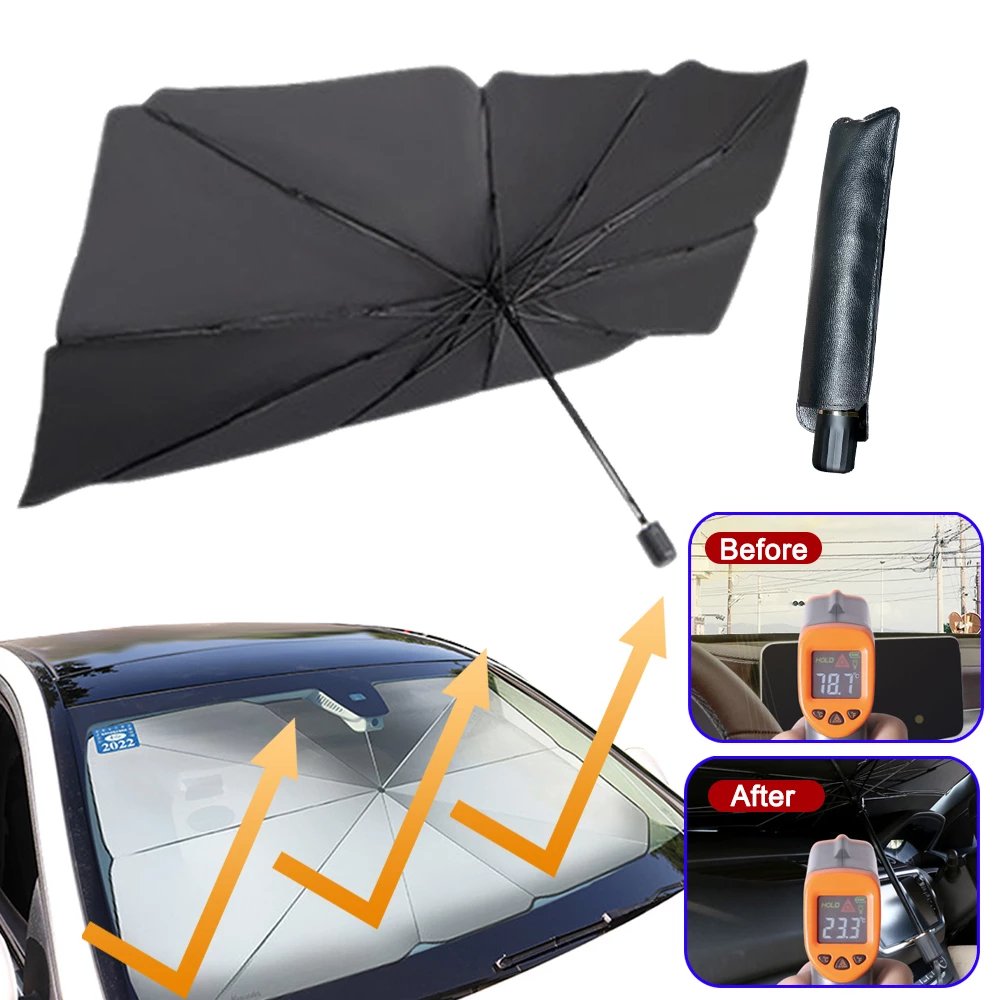 FINE OCEAN Silver Coated Sunshade Car Folding Parasol Umbrella with PU Leather Case