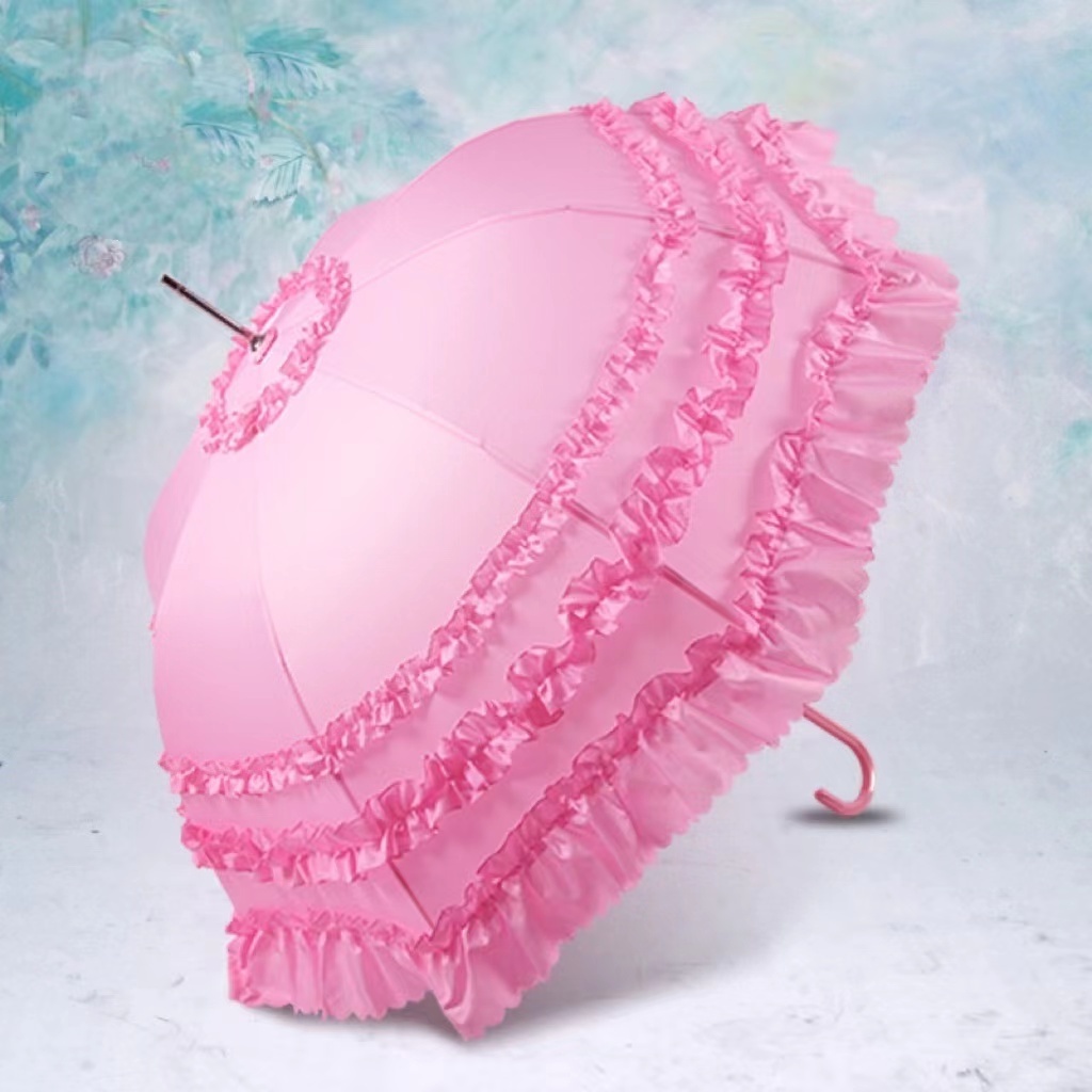 FINE OCEAN Parasol Umbrella with Three Ruffles Pagoda Shaped Umbrella Sun Parasol Lace Wedding Umbrella