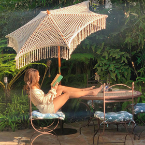 FINE Ocean  Crochet Patio Wooden Umbrella Handmade Cotton Tassels Parasol Macrame Ropes Open Umbrella With Fringe