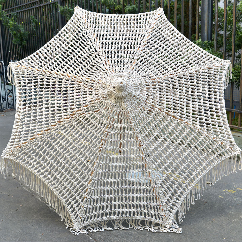 FINE Ocean  Crochet Patio Wooden Umbrella Handmade Cotton Tassels Parasol Macrame Ropes Open Umbrella With Fringe