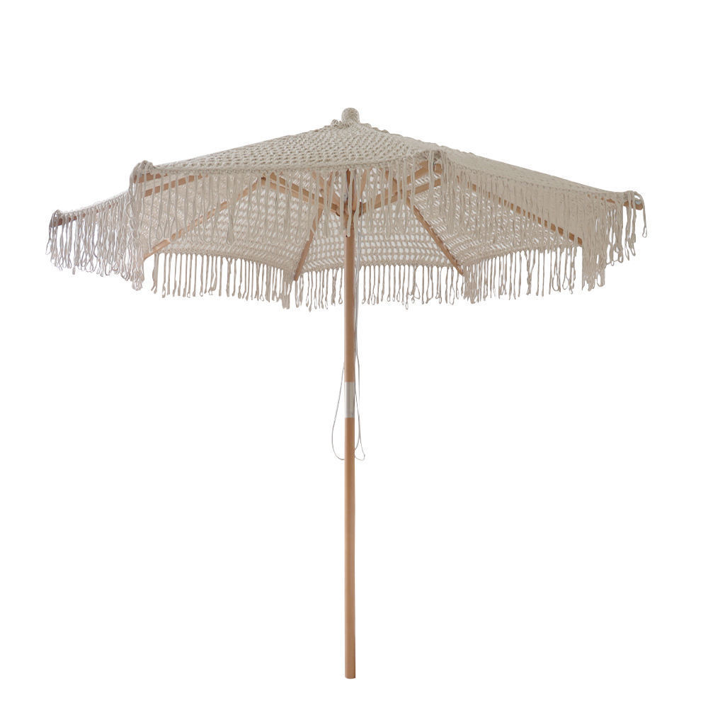 FINE Ocean  Crochet Patio Wooden Umbrella Handmade Cotton Tassels Parasol Macrame Ropes Open Umbrella With Fringe