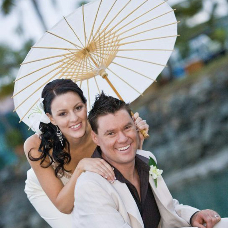 FINE OCEAN  Handheld Plain White Wedding Paper Wood Parasol Umbrella Sun Paper Chinese Parasol