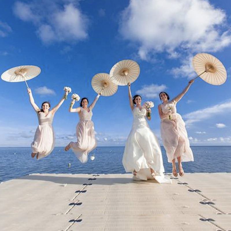 FINE OCEAN  Handheld Plain White Wedding Paper Wood Parasol Umbrella Sun Paper Chinese Parasol