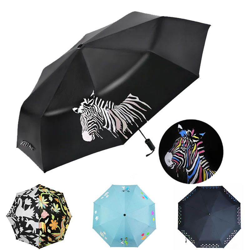 FINE OCEAN Custom Logo Rain 3 Folding Compact Change Color When Get Wet Fold Stick Water Magic Color Change Umbrella