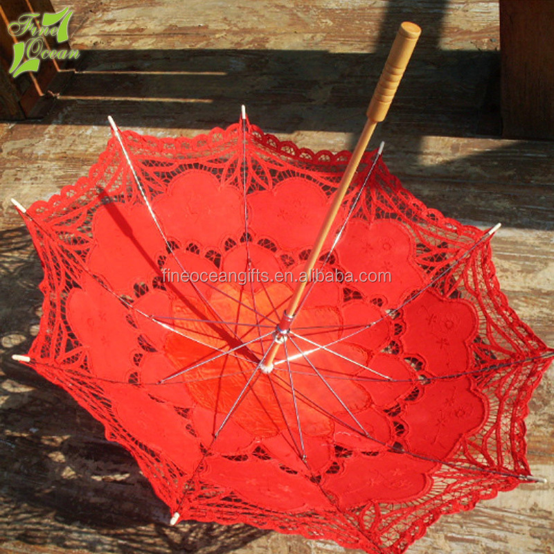 Wholesaler red lace fabric parasol waterproof decoration indian wedding umbrella