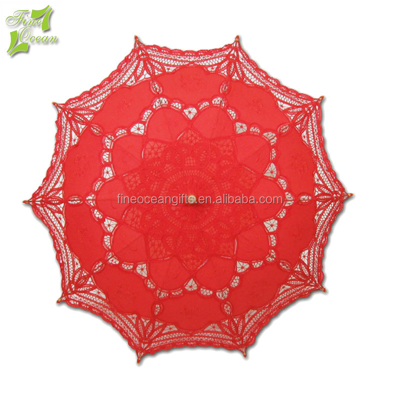 Wholesaler red lace fabric parasol waterproof decoration indian wedding umbrella