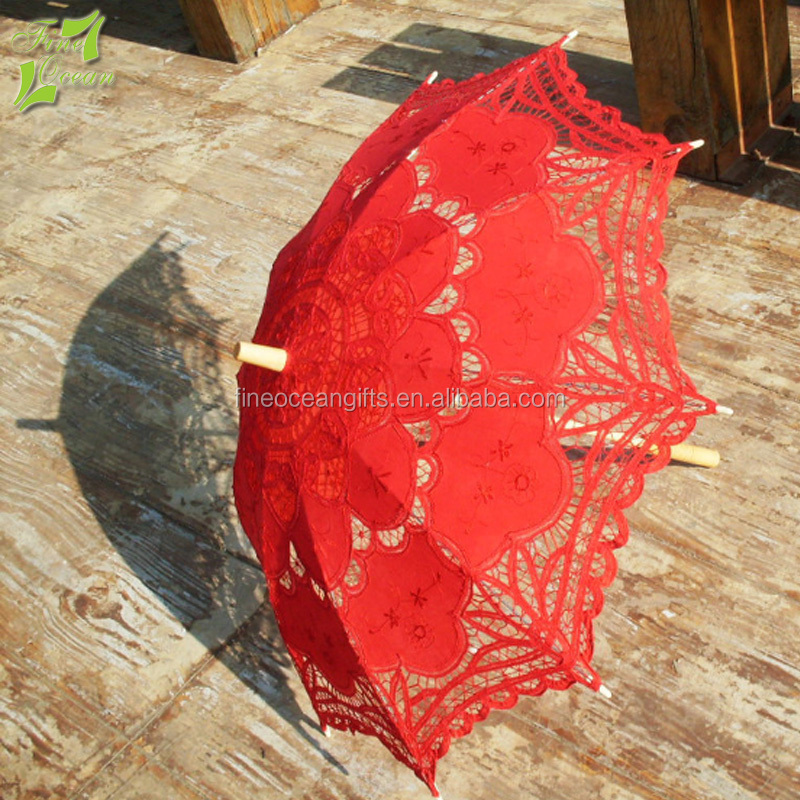 Wholesaler red lace fabric parasol waterproof decoration indian wedding umbrella