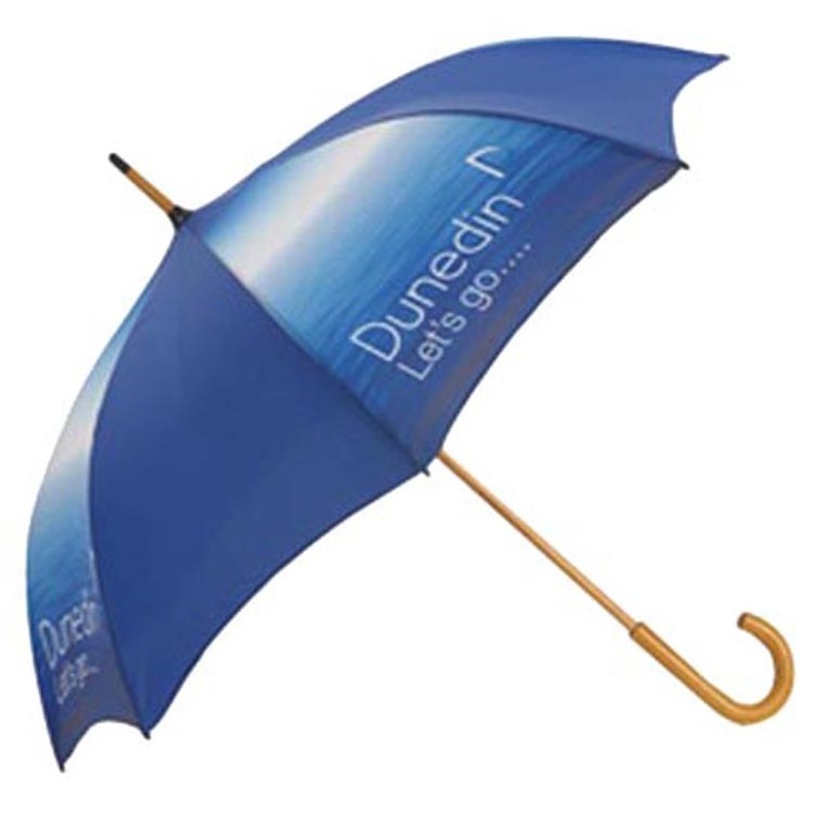 promotional cheap long wooden handle blue umbrella