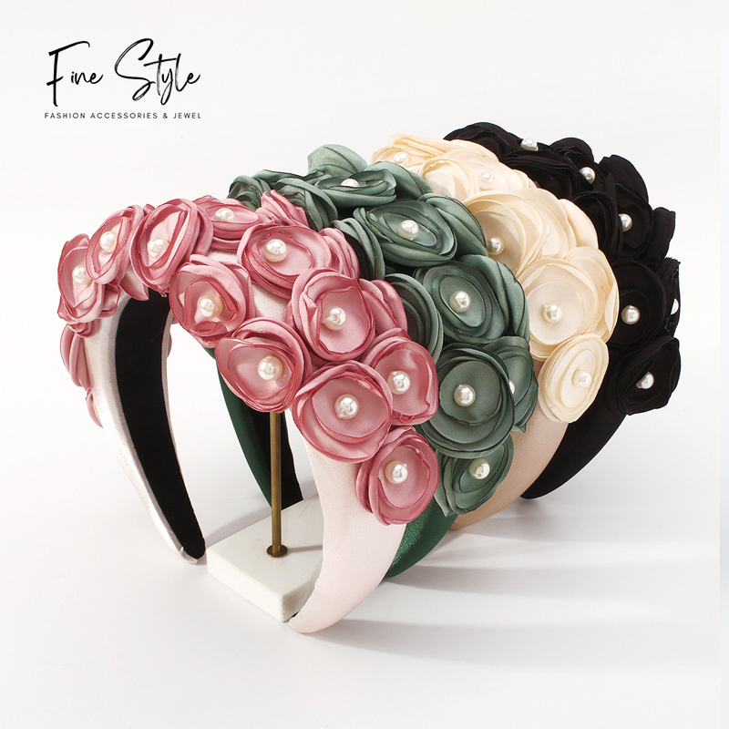 New Fashion Elegant Ladies Headband Design with Flower Fabric Crystal Metal High Skull Top for Hair pearl padded headband