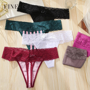 FINETOO  Cotton Striped Thongs Sexy Low-Rise Lace G-strings S-XL Women T-Back Underpants Comfortable Panties Lingerie